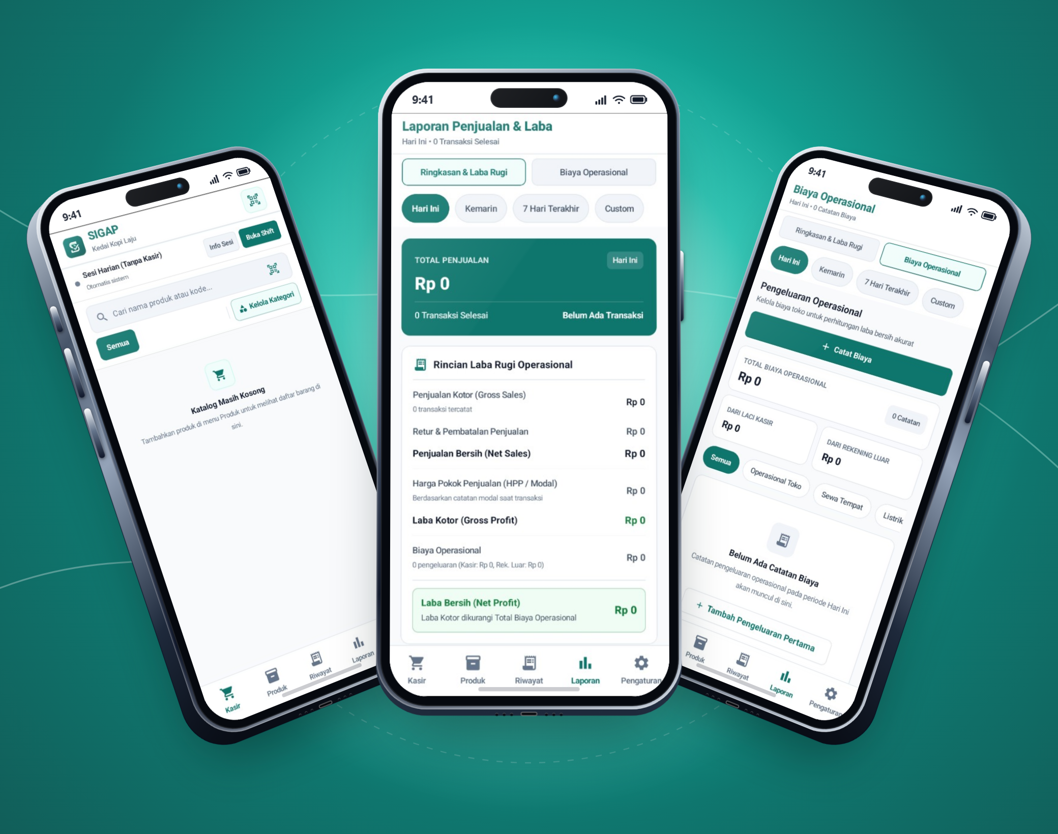 Tampilan 3 perangkat smartphone aplikasi SIGAP v2.0.0: Kasir, Laporan Laba Rugi, dan Biaya Operasional