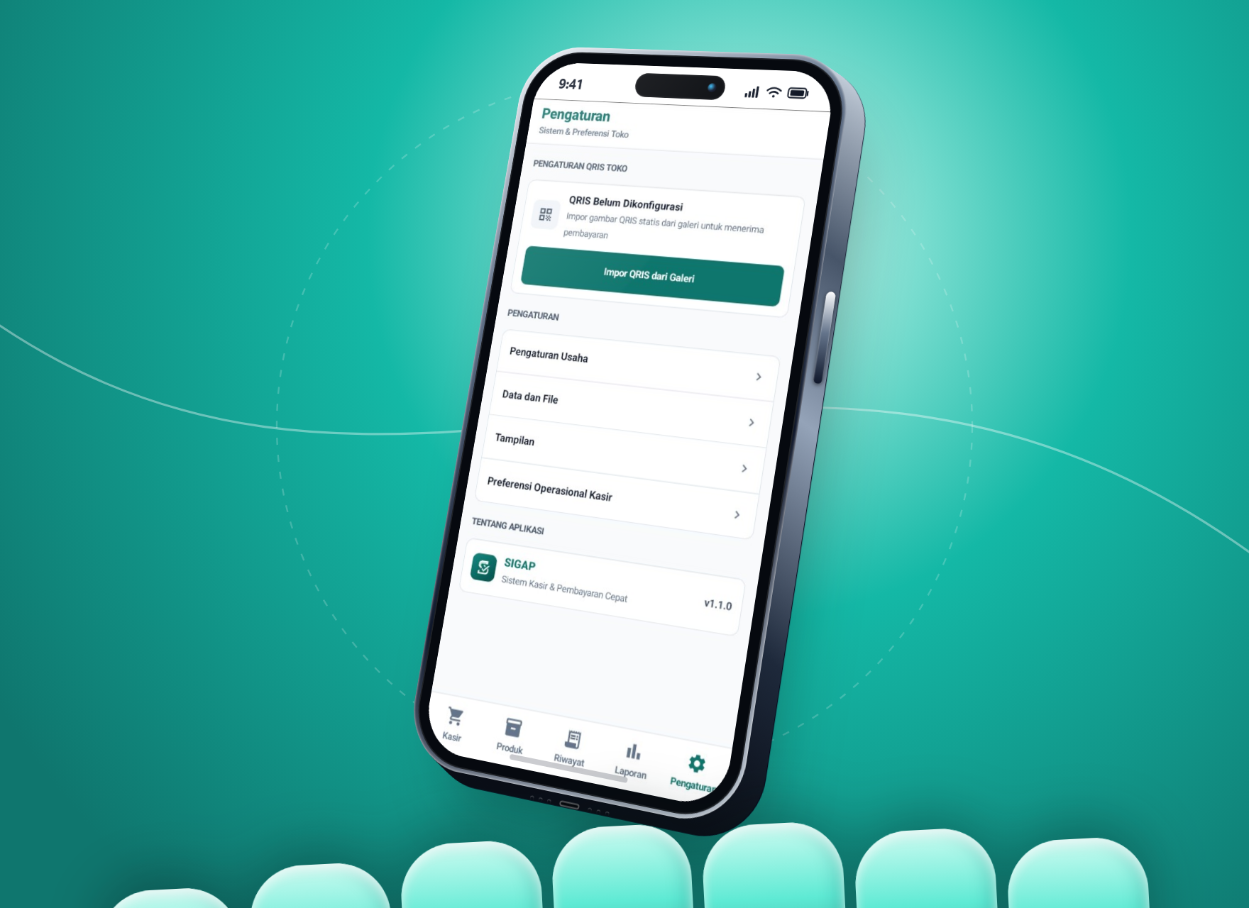 Tampilan layar Pengaturan Toko, Konfigurasi QRIS, dan Pencadangan Data pada aplikasi SIGAP